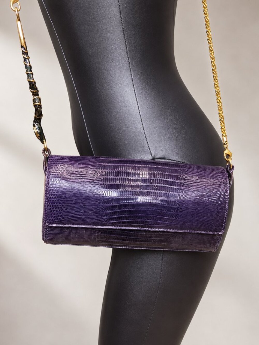 Roberto Cavalli Purple Leather Snake Chain Shoulder Bag Clutch